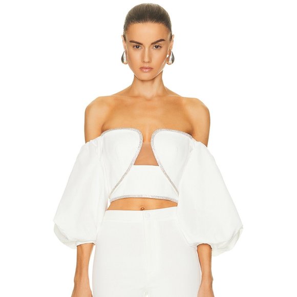 Self-Portrait Tops - NEW self-portrait Off Shoulder Crop Top White Silver Crystal Puff Sleeve Small